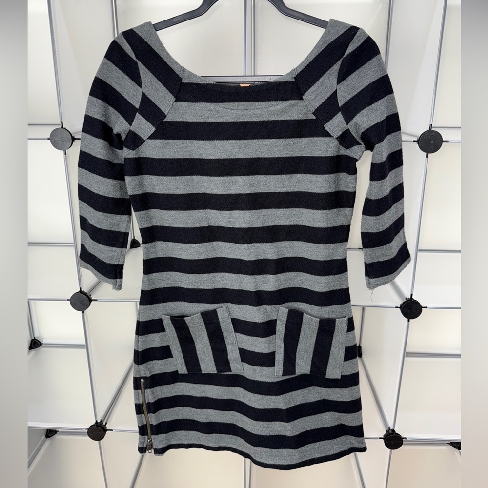Free People Striped Front Pocket Side Zipper 3/4 Sleeve Dress Grey/Black Size XS